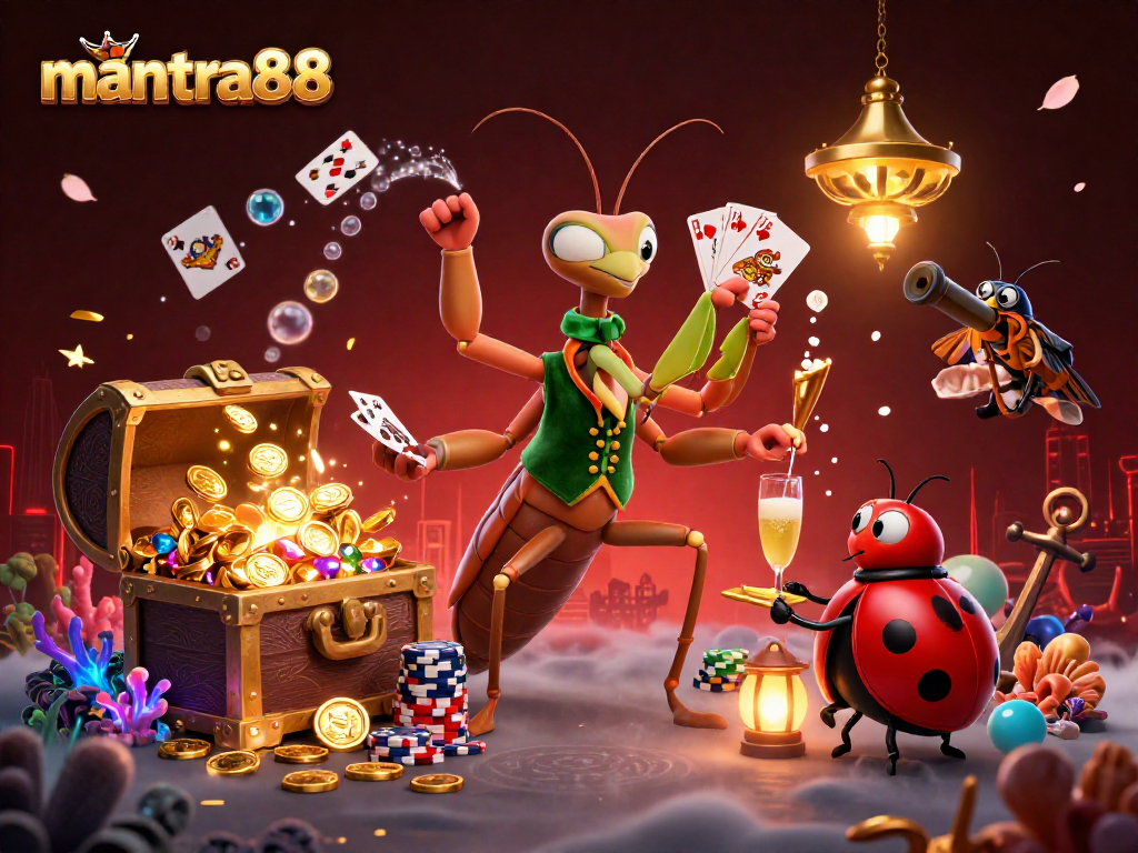 Engage in mantra88 gameplay with a vibrant 3D casino scene featuring charismatic characters and gold treasure.