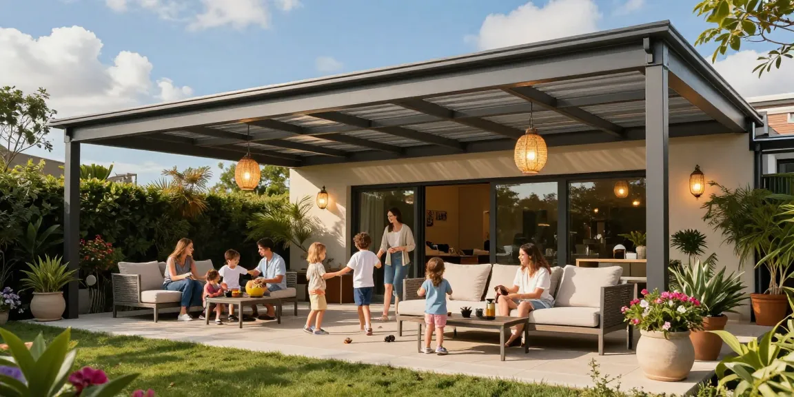 Moderne Terrassenüberdachung im Garten mit Familie bei Zusammenkunft.
