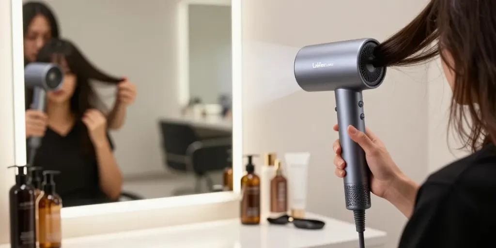 Stylist verwendet den Laifen Ionen Haartrockner in einem modernen Salon für professionelles Hairstyling.