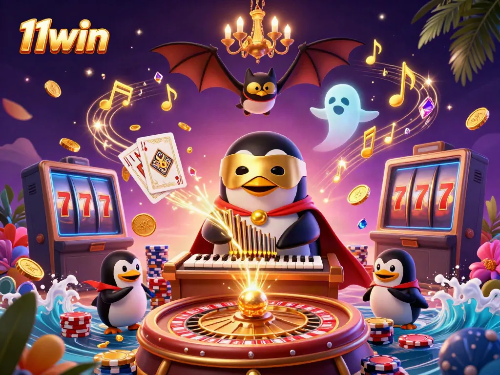 Experience the captivating world of 11win with a vibrant 3D casino scene featuring golden coins and thrilling games.