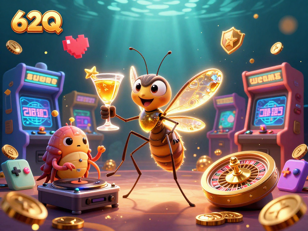 O mascote cassino 62Q interage em uma cena vibrante de jogos com roleta dourada e elementos coloridos.
