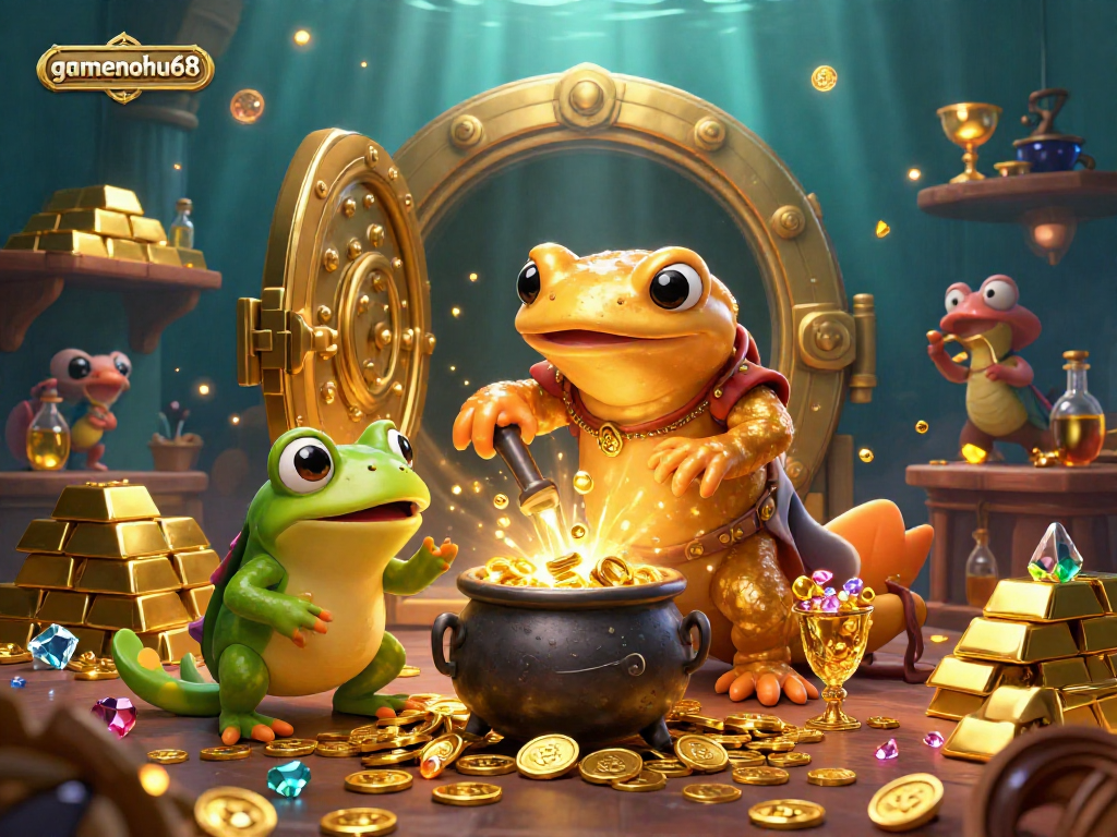 Experience gamenohu68's gleaming treasures as a golden salamander transforms materials into coins amid dazzling casino riches.